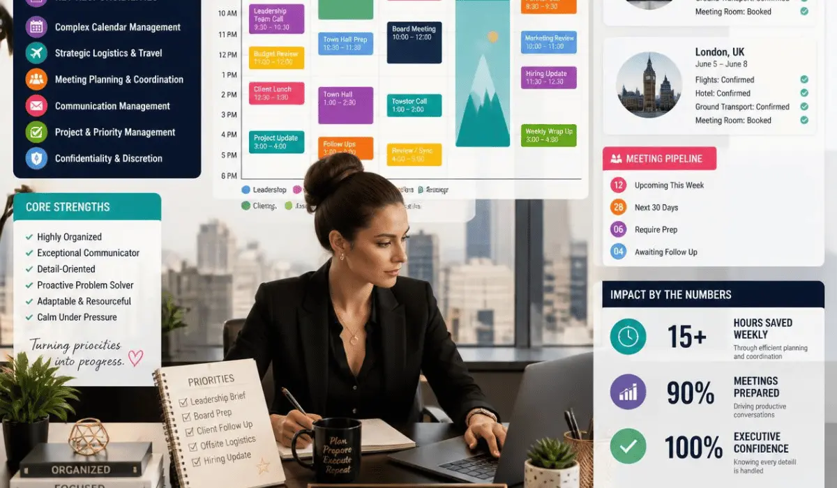 Executive assistant managing complex calendars and strategic logistics Executive assistant managing complex calendars and strategic logistics